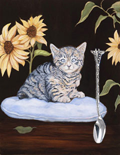 Brand Nw-Kitty, giclee print on canvas with silver Giraffe feeding spoon