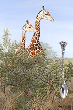 Look! Tourists-giraffes, fine art print on canvas with Silver plated feeding spoon