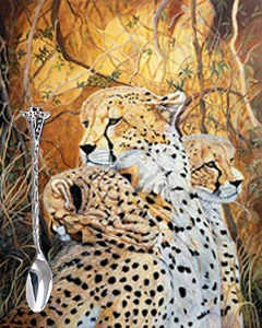 Ceetah Family, fine art print with silver Giraffe feeding spoon