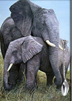 Mother Love-Elephants, giclee print on canvas, with silver Giraffe feeding spoon