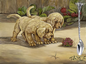 Pups and a Bumblebee , fine art print on canvas with silver Giraffe feeding spoon