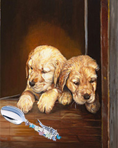 Puppies, fine art print, with bent handled Jillery spoon