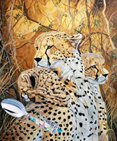 Cheetah Family, giclee print on canvas, with Jillery bent handled spoon