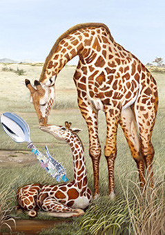 Mother's Touch-giraffes, fine art print, with Jillery bent handled spoon