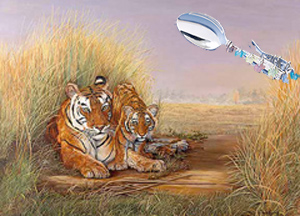 Playtime with Mom-Tigers, fine art print, with Jillery bent handled spoon
