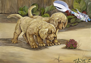 Pups and a Bumblebee, fine art print, with Jillery bent handled spoon