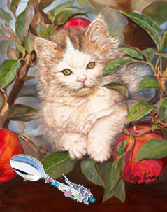Kitten Up a Tree, fine art print withJillery beaded bent handled spoon
