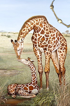 Mother's Touch-Giraffes, Art Print, with Gold Bracelet of Pillow Square and 2 Strand Rope Links