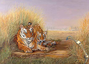 Playime- Mom, tiger, fine art Print, with Gold Bracelet of Pillow Squares and 2 Rope Strands