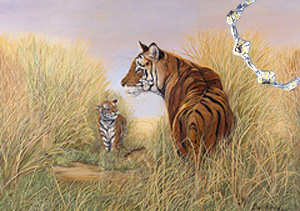 Playtime,Dad-Tigers, fine art print on canvas, with Rhodium, Gold and manmade Amethysts Bracelet