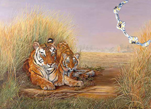 Playtime mom-Tigers, Art print, with Rhodium, Gold and manmade Amethysts