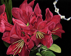 Red Rhododendrun, fine art print, with Rhodium, Gold and Manmade Amethyts Bracelet