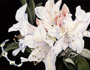 White Rhododendruns, canvas art print, with Rhodium,  Gold and manmade Amethysts Bracelet