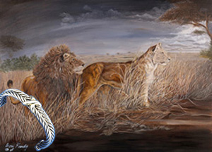 Night Hunt-lions, print on canvas with SilverCuff Bracelet