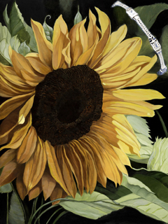 Sunflower-Flower, fine art print on canvas, with Rhodium double cord links separated by rectangles of cubic zirconia bracelet
