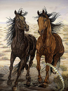 Running Wild-Mustangs fine art Prnt on canvas, with Round CZ and Gold Tennis Bracelet