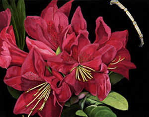 Red Rhododendrun, fine art print on canvas, with Gold Vermeil Kinks of Bezel and Channel set CZs Bracelet
