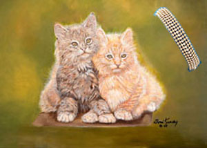 Double Trouble, Kittens, canvas art  print, with 5 strand gold bead Bracelet