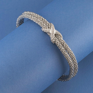 bracelet-woven rhodium with CZ "X"