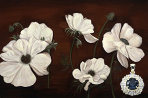 Anemones on Burgundy Black, fine art print on canvas, with Gold Pendant with Rose Cut CZ Emerald Center