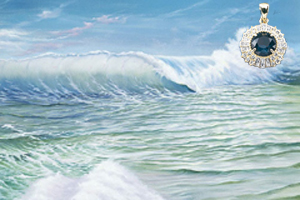 Traslucent Serenity-Seascape, Giclee on Canvas, with Gold Pendant with rose cut CZ Emerald Center surrounded by hand set CZs