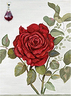 Red Rose, fine art print on canvas, with gold vermeil pendant with large blood red Swarovski crystal