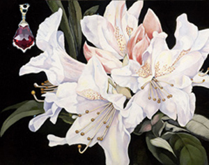 White Rhododendrun, fine art print on canvas, with Gold Vermeil Pendant with laege blood red Swarovski Crystal