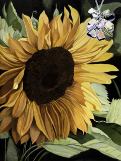 Sunflower-Flowers, fine art print, with Pendant of cascading polished chips of semi precious stones with rhodium, CZ bale
