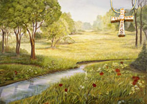 Spring Flowers-Landscape Fine Art Print on Canvas with Gold Vermeil Cross-channel set CZs