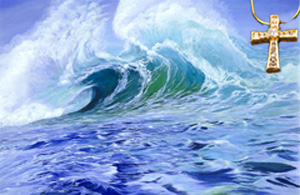 Surfer's Dream-Seascape Fine Art Print on Canvas with Gold Vermeil Cross-channel set CZ