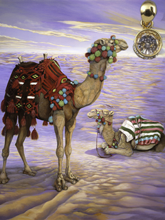 Contented? Camels Fine Art Print on Canvas with with gold vermeil caged multi karat Cubic Zirconium Pendannt