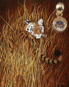 Backward Glance-Tiger Fine Art Print on Canvas with with gold vermeil caged multi karat Cubic Zirconium Pendannt