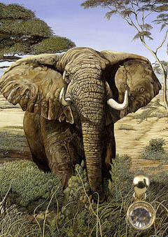 Confrontation-Elephant Fine Art Print on Canvas with with gold vermeil caged multi karat Cubic Zirconium Pendannt