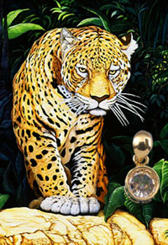 Don't Move-Jaguar Fine Art Print on Canvas with with gold vermeil caged multi karat Cubic Zirconium Pendannt