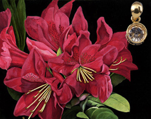 Red Rhododendrun-Flower Fine Art Print on Canvas with with gold vermeil caged multi karat Cubic Zirconium Pendannt