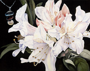 White Rhododendrun-Flower Fine Art Print on Canvas with Triple metallic disc pendant