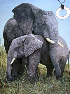 Mother Love-Elephants Fine Art Print on Canvas with Sterling Silver pierced circle pendant